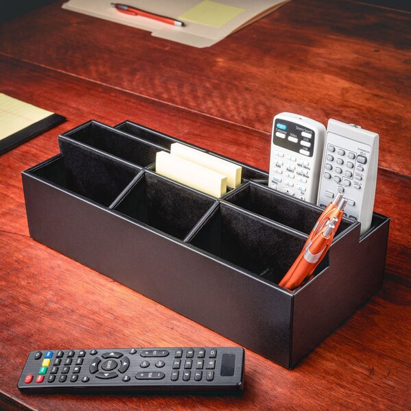 Black Leather Remote Control Organizer (Coasters Available Separately)